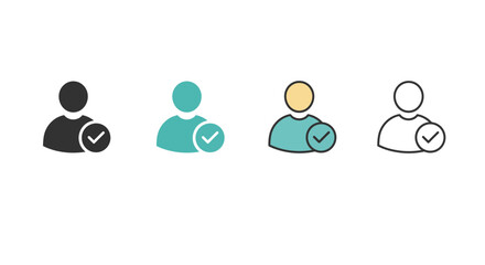 Set of Icons Representing User Account Status Verified or Approved Featuring Simple Silhouette and Checkmark Symbol in Four Distinct Color Variations for Digital Interface Design