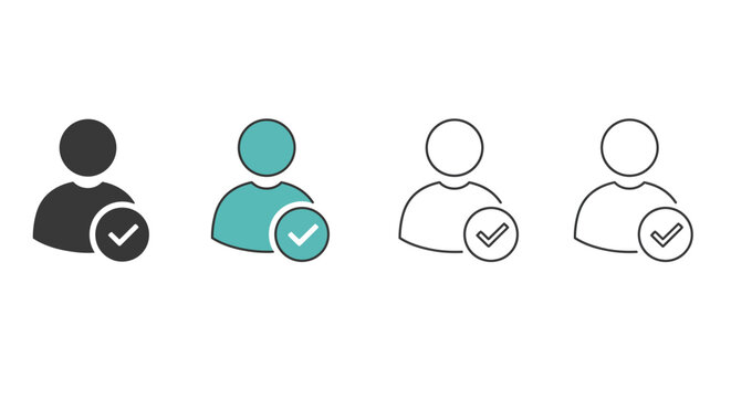 User profile account verification confirmation success check mark icon set representing approved registered user status and validated membership status