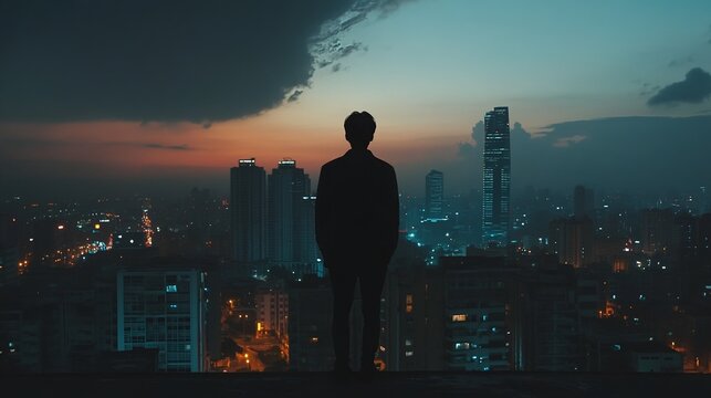 A dramatic and cinematic shot of a protagonist standing on a rooftop, gazing at the city, evoking a sense of power and freedom