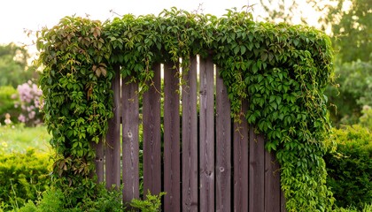 Lush greenery cascading down a weathered wooden fence.