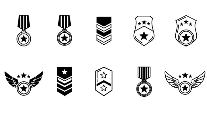 Collection of Military Awards Badges Insignia Emblematic Decorations and Rank Symbols Representing Achievement Honor and Service in a Digital Format