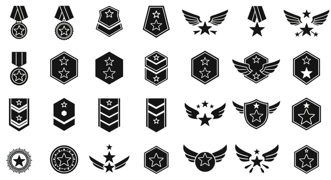 Collection of Military Rank Insignia and Awards Featuring Stars Wings and Medals in a Stylized Black and White Design - Powered by Adobe