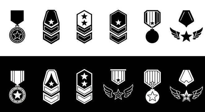 Collection of Military Decorations and Rank Insignia Featuring Medals and Stars with Wings Set Against Black and White Backgrounds
