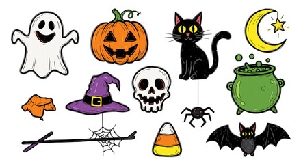Various halloween elements with ghost, pumpkin, cat, and more
