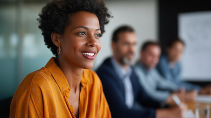 Black woman leads a brainstorming meeting on branding and planning