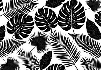 Seamless Tropical Jungle Botanical Pattern Featuring Monstera Palm and Fan Leaves in Bold Black and White Vector Illustration
