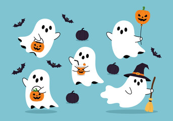 Naklejka premium Adorable Halloween Ghosts and Bats Celebrating the Spooky Season with Pumpkins and Brooms
