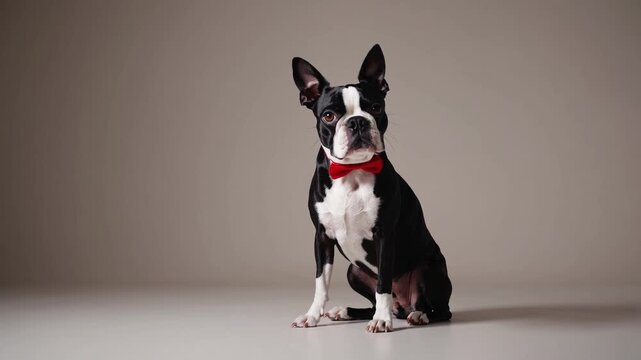 Cute dog in red bowtie posing against minimalistic background in a studio setting