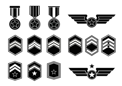 Collection of Military Insignia and Awards Featuring Stars Wings and Stripes for Decoration and Recognition Purposes