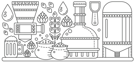 Beer production equipment, malt ingredients and Octoberfest glass cup with foam and alcohol thin line infographic vector illustration. brewery factory reservoir for fermentation, storage tanks