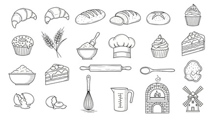 Collection of Hand Drawn Baking Ingredients and Tools for Pastry and Bread Making Essentials