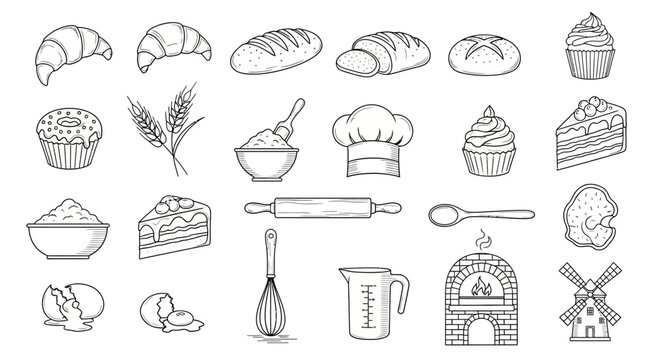 Collection of Hand Drawn Baking Ingredients and Tools for Pastry and Bread Making Essentials