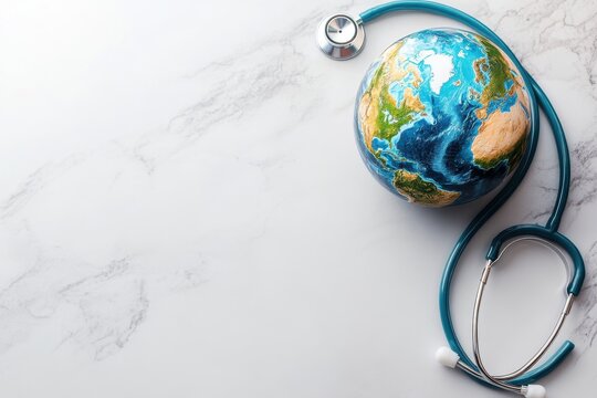 Global health concept featuring a stethoscope around a globe on a marble surface