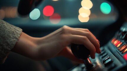 Obraz premium Woman's hand shifting gears in a car during nighttime driving 