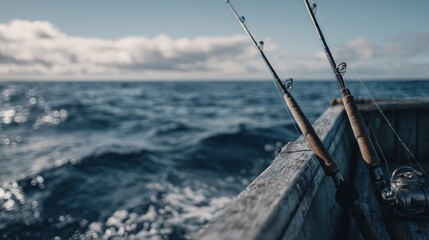 Fototapeta premium Fishing rods leaning on the edge of a boat by the ocean waves 