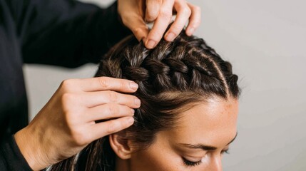 Naklejka premium Woman receiving braided hairstyle from stylist indoors 