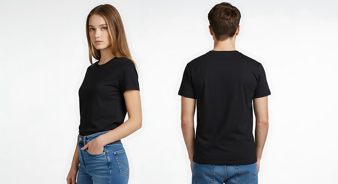 Woman and man wearing black t shirts front and back view