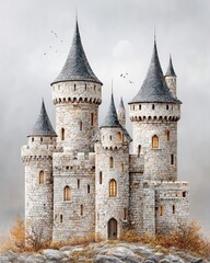 Fototapeta premium Enchanting Medieval for festive decor Enchanting Medieval Castle with Spires Against a Cloudy Sky, perfect for seasonal marketing campaigns, high-quality commercial use, capturing festive charm, war