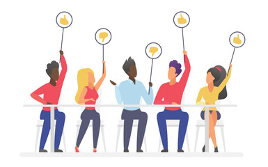 Jury voting flat illustration. People holding signs with likes and dislikes. Social satisfaction poll concept.