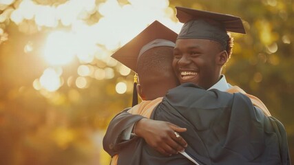 A moment of celebration and affection between two individuals, likely graduates or family members, captured during a graduation ceremony
