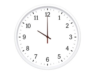 A white clock face showing the time as 1200