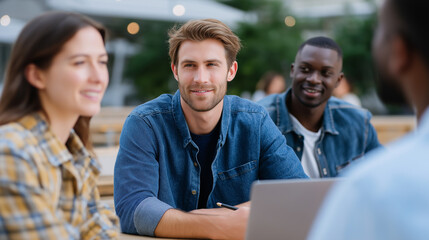 Team of creative designers and developers meeting outdoors for website launch