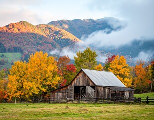 A serene autumn landscape, golden and red leaves covering the ground