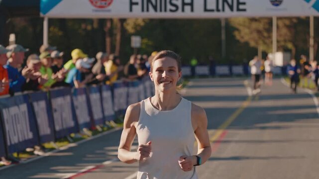 Runner crosses finish line at marathon event in a vibrant atmosphere with cheering crowd