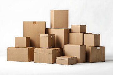 Various cardboard shipping boxes mockup on white background
