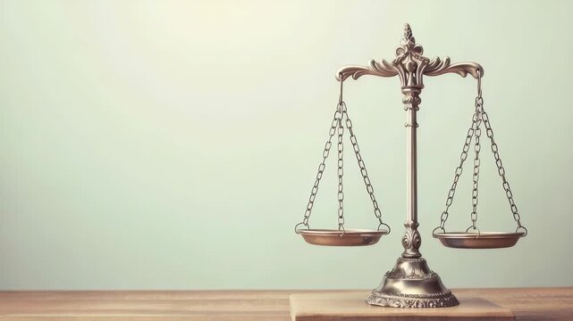 An antique balance scale on a wood table, symbolizing equilibrium and justice with its detailed, ornate design against a plain background.