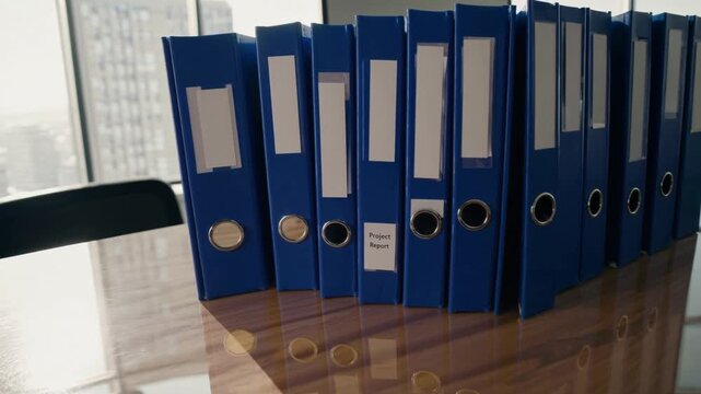 Organized office space showcases blue binders with project reports in modern workspace