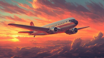 Fototapeta premium A large airplane is flying through a cloudy sky with a beautiful sunset in the background. Concept of freedom and adventure, as the airplane soars through the sky, leaving the ground below