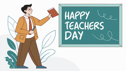 Teacher holding a book near a happy teacher's day blackboard isolated on a white background