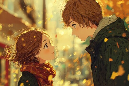 Anime-Style Couple Gazing Tenderly at Each Other Amidst Falling Autumn Leaves Creates a Romantic Scene - Powered by Adobe