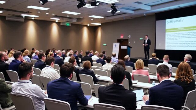 Conference presentation on industry trends held in a large hotel conference room with engaged audience in attendance