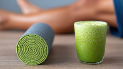 Healthy matcha beverage for post fitness energy plus green yoga mat. refreshing smoothie for calm lifestyle and personal wellness