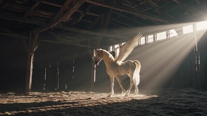 Majestic winged horse gallops through sunlit barn with enchanting atmosphere at dusk