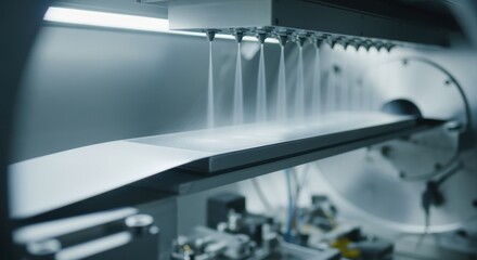 Zoomedin view of chemical vapor deposition reactor chamber where carbon precursor gases enable graphene growth on moving flexible sheets.
