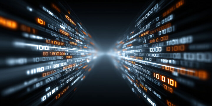 A futuristic data stream visualization, featuring binary code flowing rapidly into the distance, highlighting the concepts of big data, artificial intelligence, and the digital age