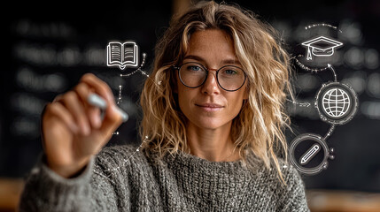 Woman with glasses drawing virtual educational icons on board with modern technology approach, Generated with AI