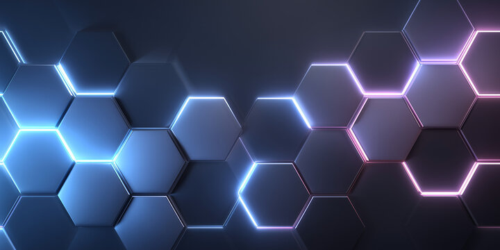 Abstract glowing honeycomb cells with blue and pink hues