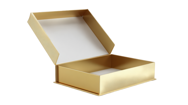 An open golden box isolated on a transparent background, suggesting packaging or gift