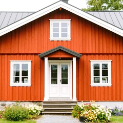 Fototapeta premium Charming red house with white trim