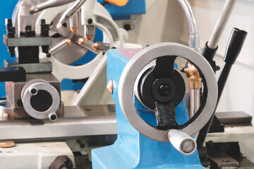 Control disk of metalworking machine with applied measuring ruler and control handle. metalworking...