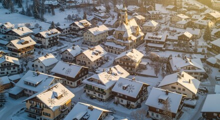 Fototapeta premium Village in Winter Wonderland: A serene aerial view showcases a picturesque village blanketed in fresh snow, with charming houses and a church steeple bathed in the soft light of a winter day.