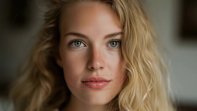 Young woman with curly blonde hair and striking blue eyes under the process of face scanning. Deepfake detection concept