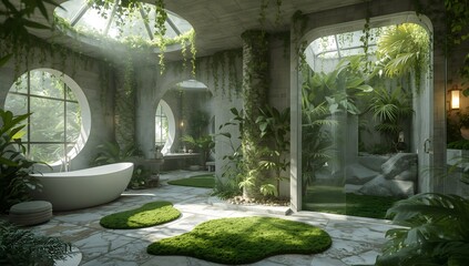 Modern fantasy concept of the eco house of the future. Bathroom with lush tropical plants and porthole windows. Terra Futura. Eco-friendly architectural concept.
