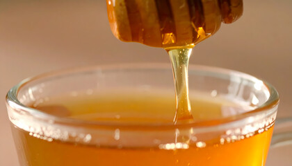 Honey dripping into teacup