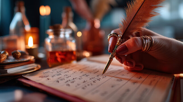 Esoteric numerology journal on desk with candlelight and glass bottles