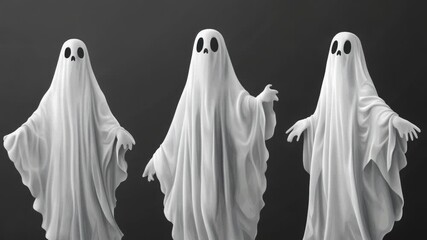 A trio of transparent apparitions stand together, possibly spirits or supernatural beings